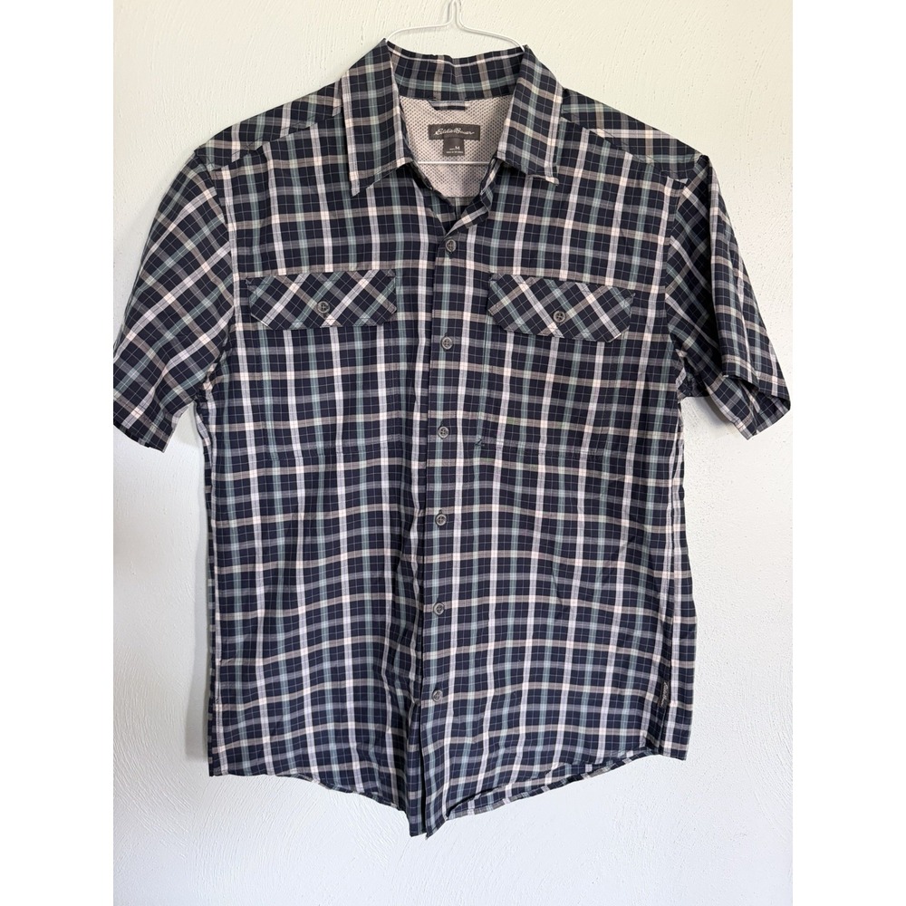 Eddie Bauer short-sleeve button-down collared plaid grid shirt chest pocket Sz M